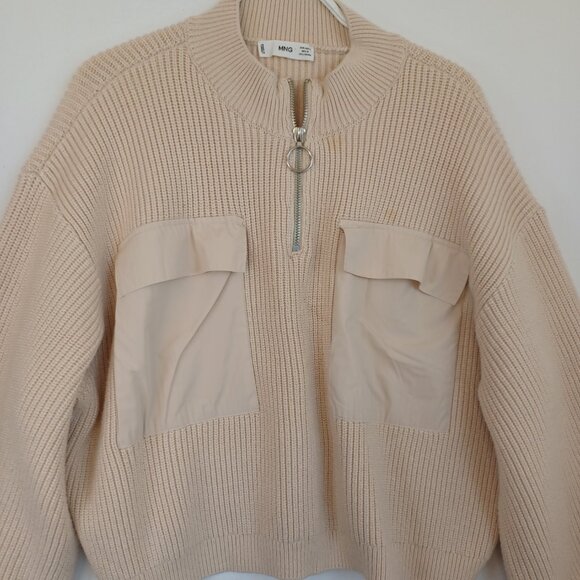 Mango Sweater Cream Cropped Chunky Knit Pullover Pocket & Zip Detail Womens Med - Picture 3 of 7